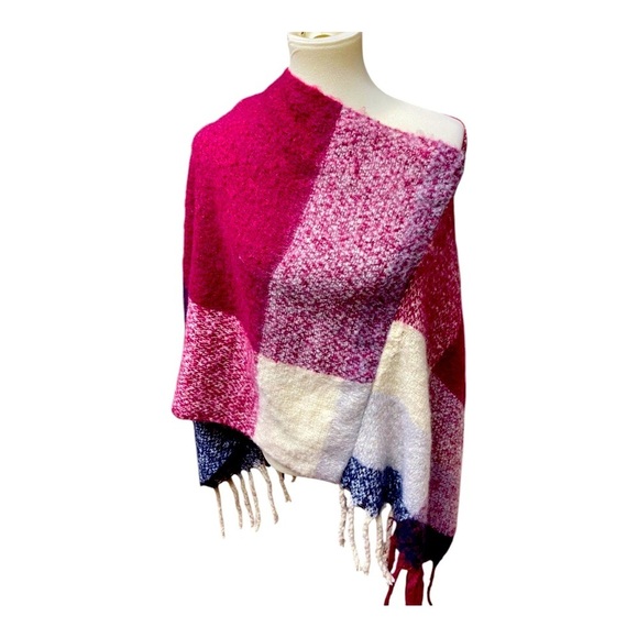 Tahari Super Soft Fringed Plaid Poncho O/S Womens Multicolor Shawl Layering - Picture 1 of 5